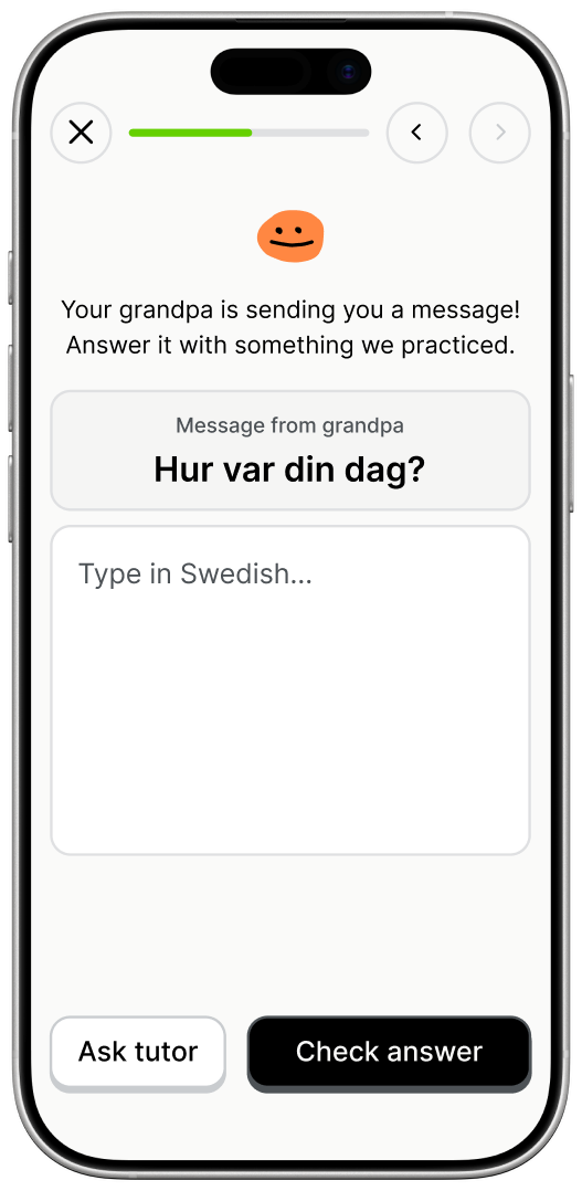 Phone showing a writing exercise where you answer a message from grandpa in Swedish