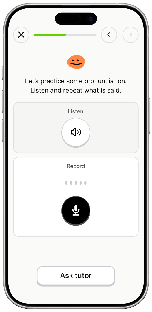 Phone showing a pronunciation exercise where you listen to a phrase and record yourself repeating it