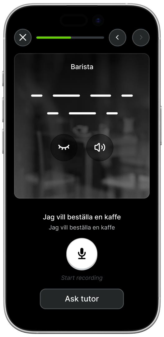 Phone showing a simulated conversation with a barista, speaking Swedish to order a coffee